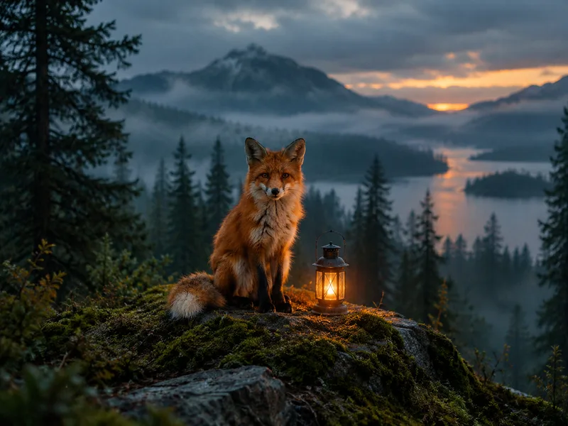 The same fox with a lantern in the Cinematic look